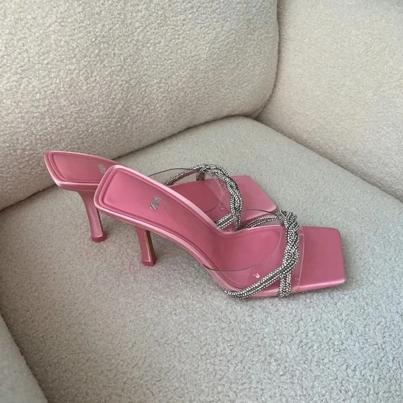 Zara | Shoes | Zara Pink Rhinestone Vinyl High Heel Sandals